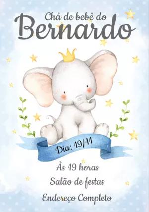 Convite Chá de Bebê Elefante Azul com Coroa para Editar