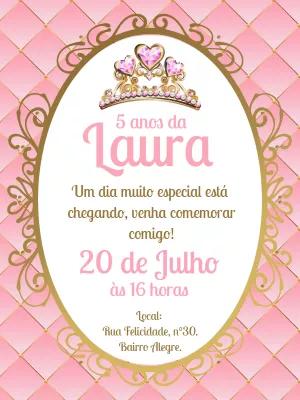 Convite Aniversário Princesa Rosa e Dourado para Editar Online