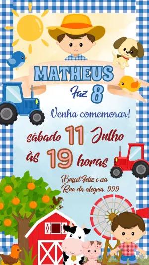 Convite Aniversário Fazendinha Menino com Trator para Editar