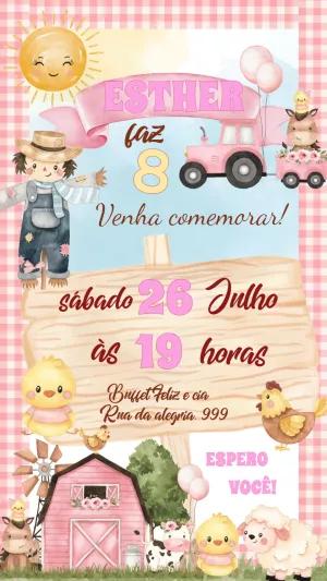 Convite Aniversário Fazendinha Rosa Aquarela para Editar