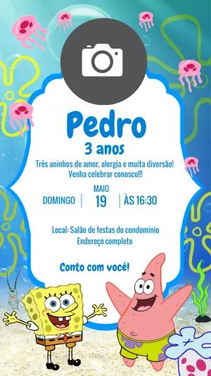 Convite Aniversário Bob Esponja com Foto para Editar Online