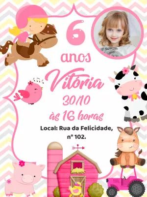 Convite Aniversário Fazendinha Rosa com Foto para Editar