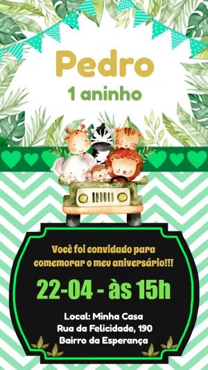 Convite Aniversário Safari com Animais Fofos para Editar