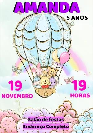 Convite Aniversário Ursinho Pooh Baby no Balão para Editar