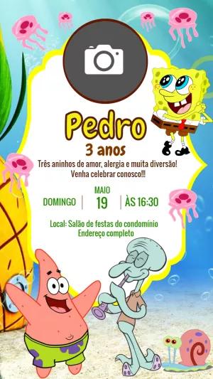 Convite Aniversário Bob Esponja com Foto para Editar Online