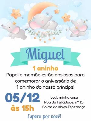 Convite Aniversário Elefantinho Fofo para Editar Online