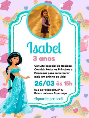 Convite Aniversário Princesa Jasmine com Foto para Editar