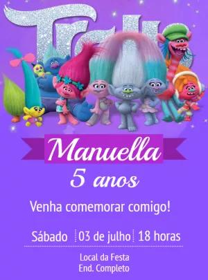 Convite de Aniversário Trolls com Personagens para Editar Online