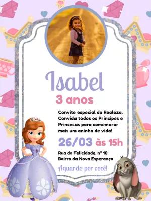 Convite Aniversário Princesa Sofia com Foto para Editar Online