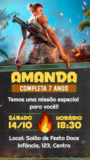 Convite Aniversário Free Fire com Personagem Feminina para Editar
