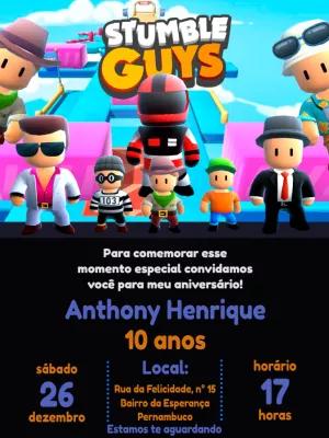 Convite de Aniversário Stumble Guys com Personagens para Editar