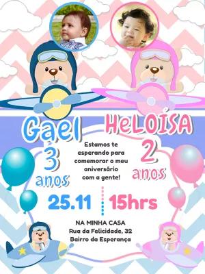 Convite Aniversário Duplo Ursinhos Aviadores com Foto para Editar