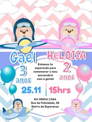 Convite Aniversário Duplo Ursinhos Aviadores para Editar
