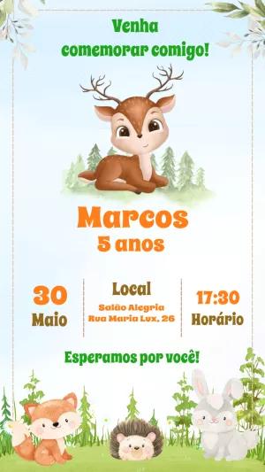 Convite Aniversário Bosque com Animais Fofos para Editar