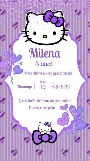 Convite de Aniversário Hello Kitty Roxo para Editar Online
