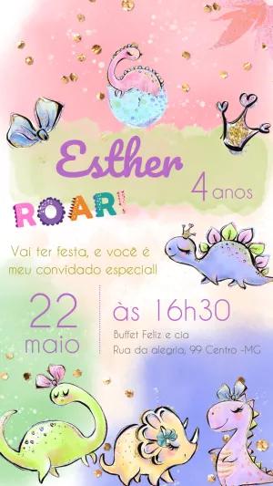 Convite Aniversário Dinossauro Menina para Editar Online