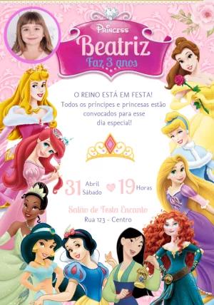 Convite Aniversário Princesas Disney com Foto para Editar Online