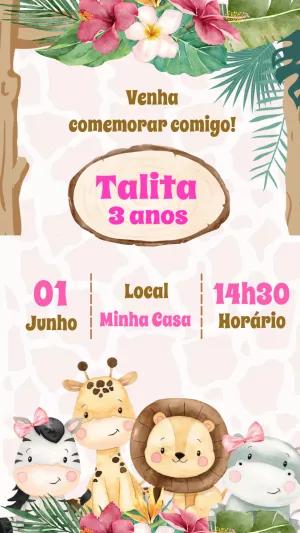 Convite Aniversário Safari Rosa com Animais para Editar Online