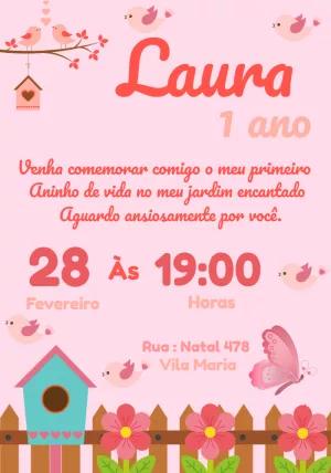 Convite de Aniversário Jardim Encantado com Passarinhos para Editar