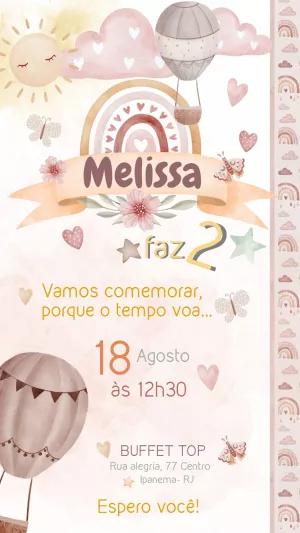 Convite de Aniversário Balão e Arco-íris Boho para Editar