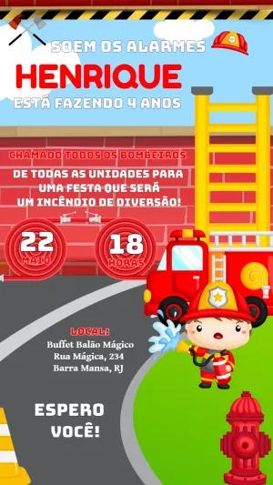 Convite de Aniversário Bombeiro Infantil para Editar Online