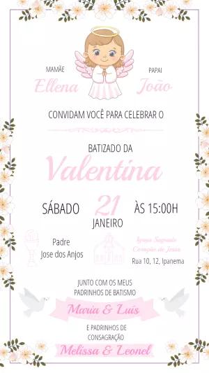 Convite de Batizado Anjinha Rosa com Flores para Editar Online
