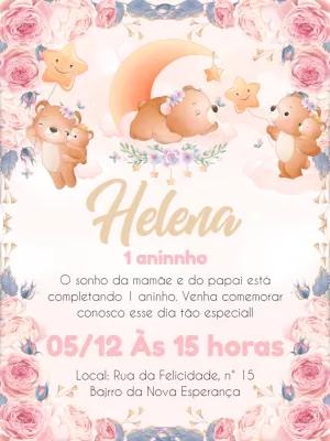 Convite de Aniversário Ursinha Floral para Editar Online