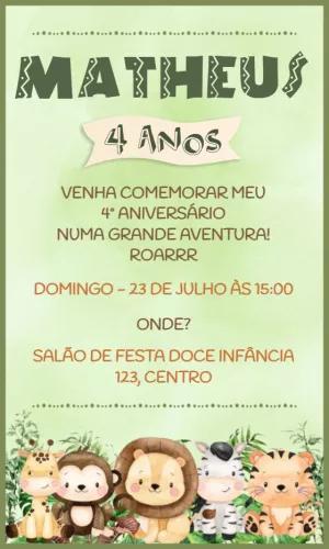 Convite Aniversário Safari com Animais Fofos para Editar Online