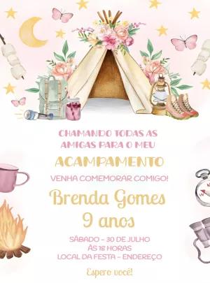 Convite Aniversário Acampamento Menina para Editar Online