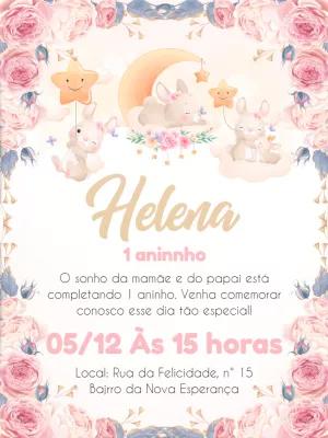Convite Aniversário Coelhinha Floral para Editar Online