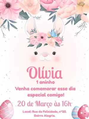 Convite Aniversário Páscoa Coelhinha Floral para Editar Online
