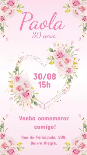 Convite de Aniversário Coração Floral para Editar Online