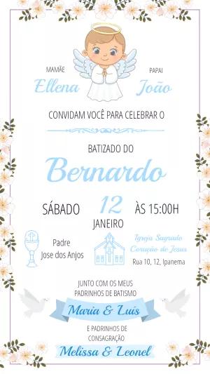 Convite de Batizado Menino Anjinho Floral para Editar Online
