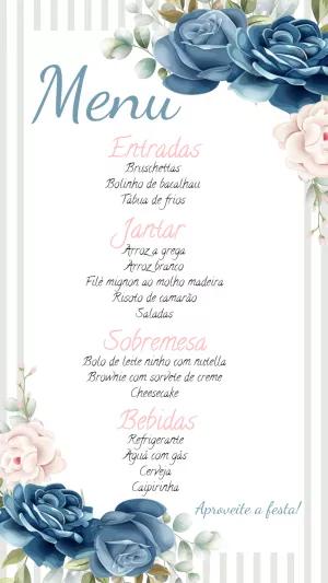 Menu de Casamento Floral Azul para Editar Online