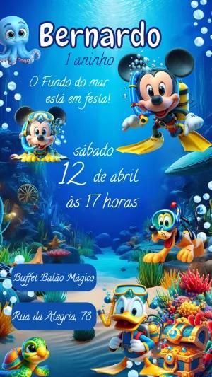 Convite Aniversário Mickey Fundo do Mar para Editar Online