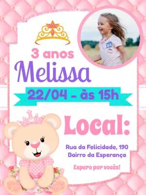 Convite Aniversário Ursinha Princesa com Foto para Editar