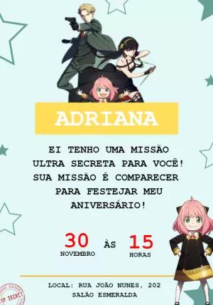 Convite de Aniversário Spy x Family com Personagens para Editar