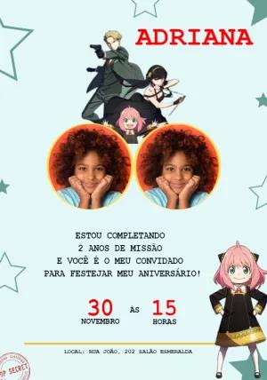 Convite Aniversário Spy x Family com Foto para Editar Online