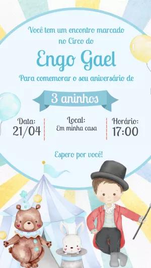 Convite Aniversário Circo Azul com Personagens para Editar
