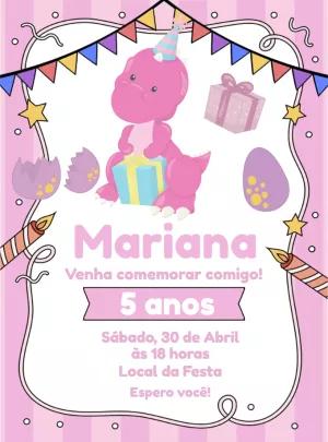 Convite Aniversário Dinossaura Menina para Editar Online