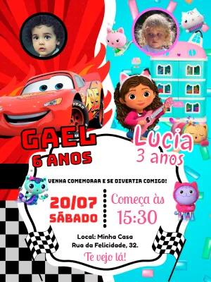 Convite Aniversário Duplo Carros e Gabby com Foto para Editar