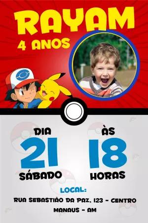Convite Aniversário Pokémon com Foto para Editar Online