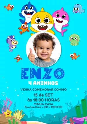 Convite Aniversário Baby Shark com Foto para Editar Online