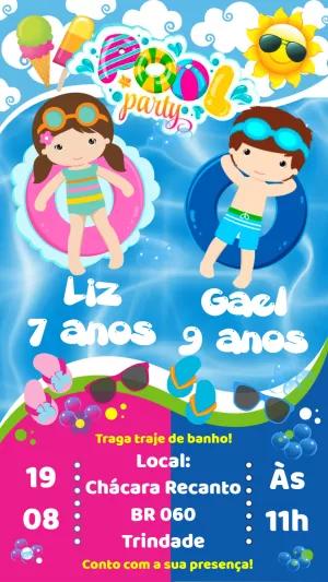 Convite Pool Party Menina e Menino para Editar Online