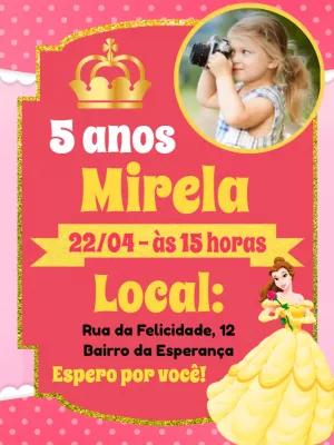 Convite Aniversário Princesa Bela com Foto para Editar Online