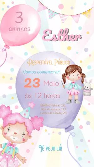 Convite Aniversário Circo Rosa com Personagens para Editar