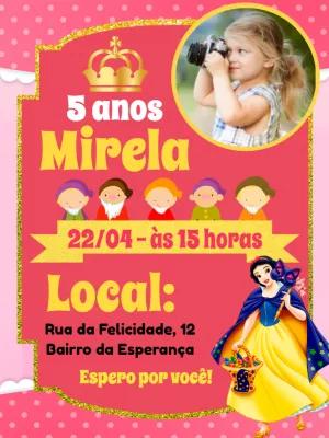 Convite Aniversário Branca de Neve com Foto para Editar Online