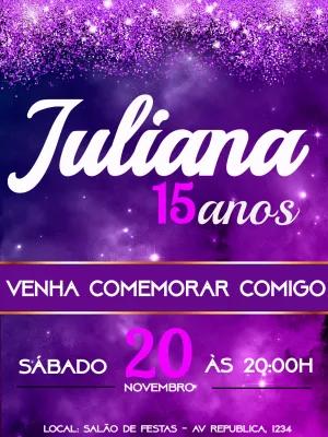 Convite 15 Anos Roxo com Glitter para Editar Online