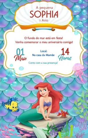 Convite Aniversário Pequena Sereia Ariel para Editar Online
