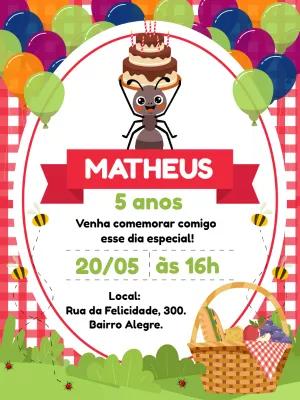 Convite de Aniversário Piquenique com Formiga para Editar Online